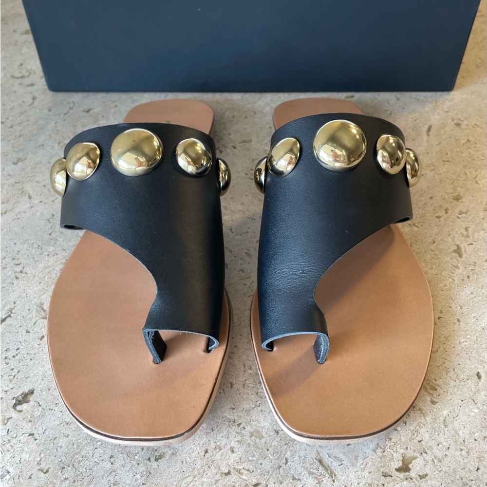 KURT GEIGER Black Leather Gold Ball Studded Toe Ring Sandals - EU 38 / 7.5-8 NIB - Picture 8 of 14